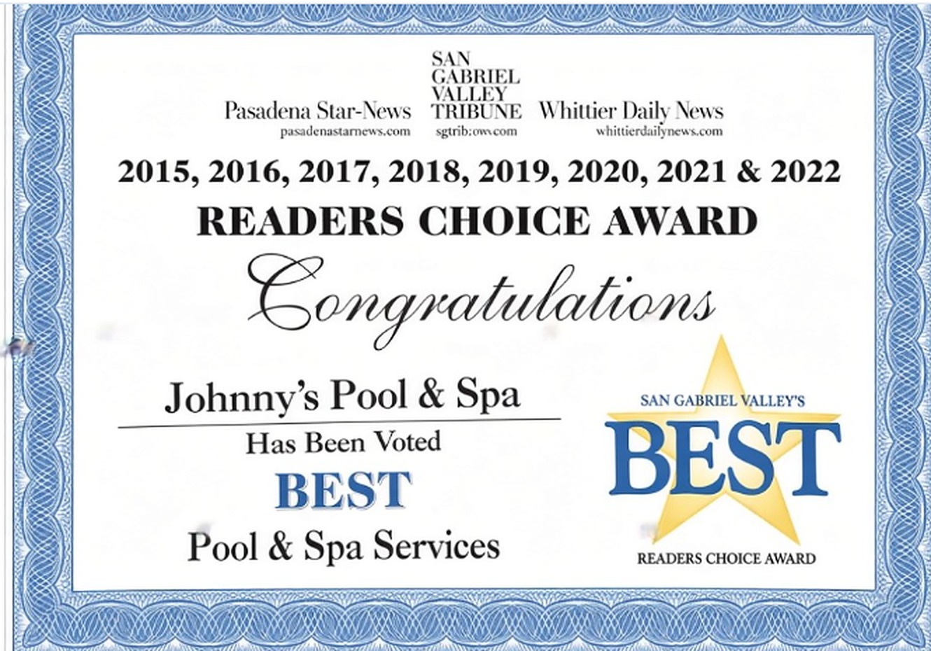 Readers' Choice Award certificate naming Johnny's Pool and Spa Best Pool and Spa Services, 2015 to 2022