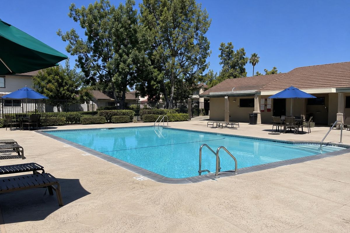 HOA pool surrounded by palm trees
