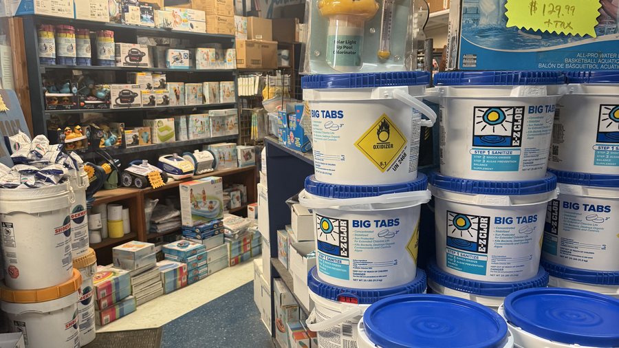 Shelves of pool chemicals and chlorine tabs inside Johnny's in Covina