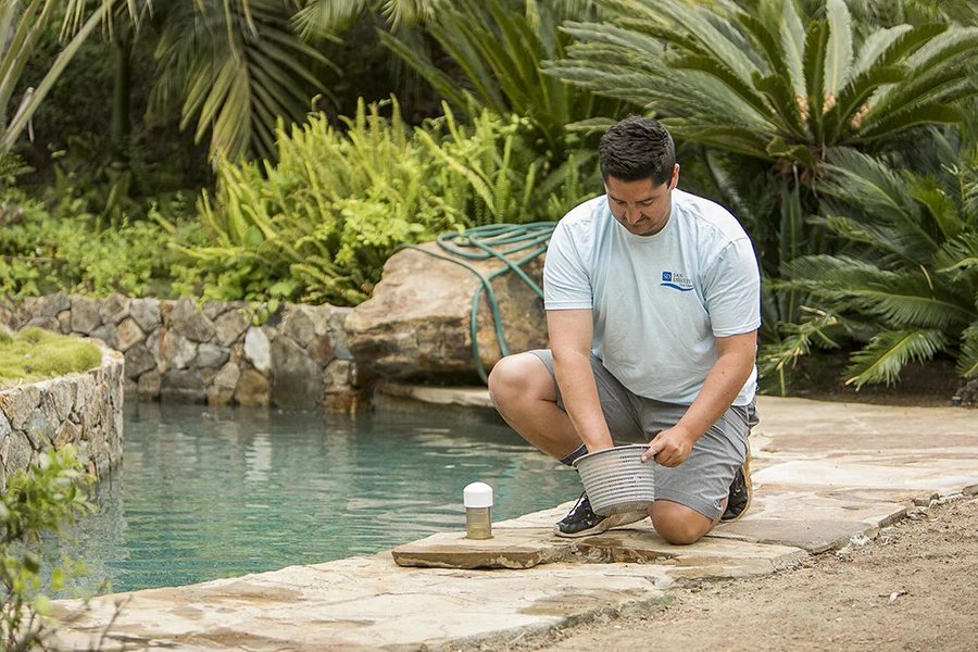 Pool technician cleaning a skimmer on weekly service